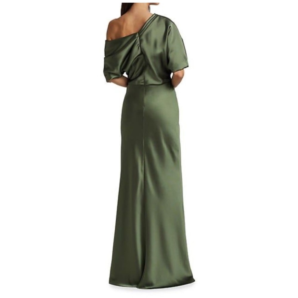 AMSALE Pryce Satin One Shoulder Gown Olive Size 4 - Picture 6 of 15